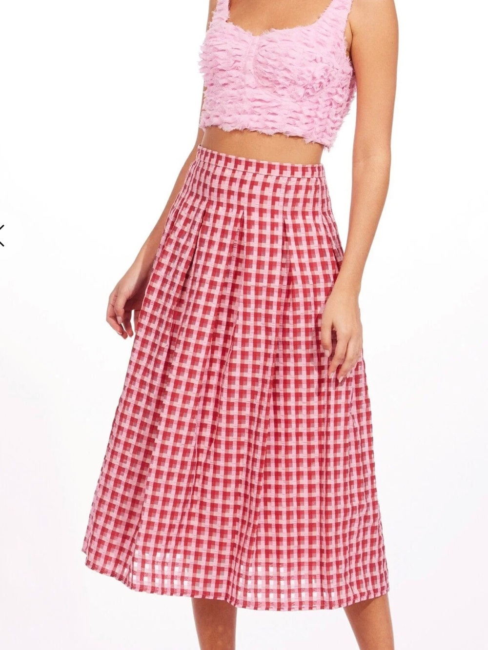 Anthro Eva Franco red pink cottagecore preppy Textured Plaid Midi Skirt size 4 - Picture 3 of 9